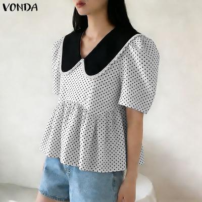Summer Women Summer Laple Neck Splicing Polka Dot Short Sleeve Casual Blouse Tops
