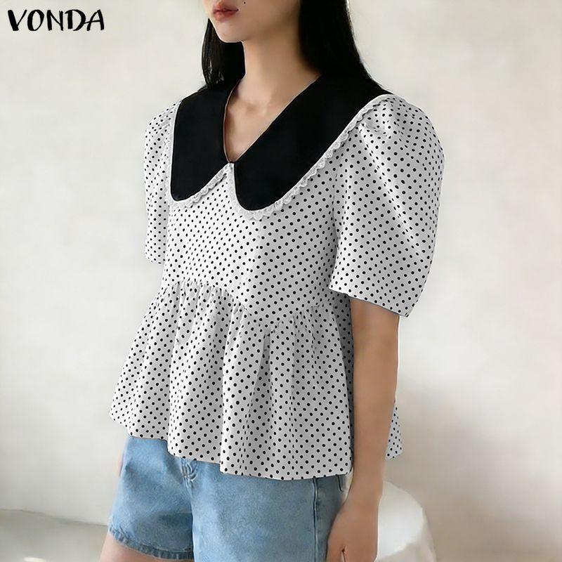 VONDA Summer Women Summer Laple Neck Splicing Polka Dot Short Sleeve Casual Blouse Tops