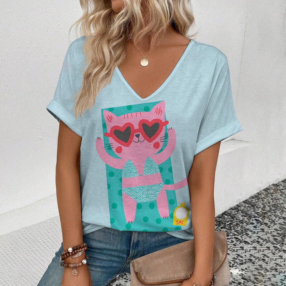 

Simple V-neck T-shirt Casual Loose Cat 3D Digital Print Short Sleeve Polyester Comfortable Leisure Fashion Basic Style T-shirt 5XL