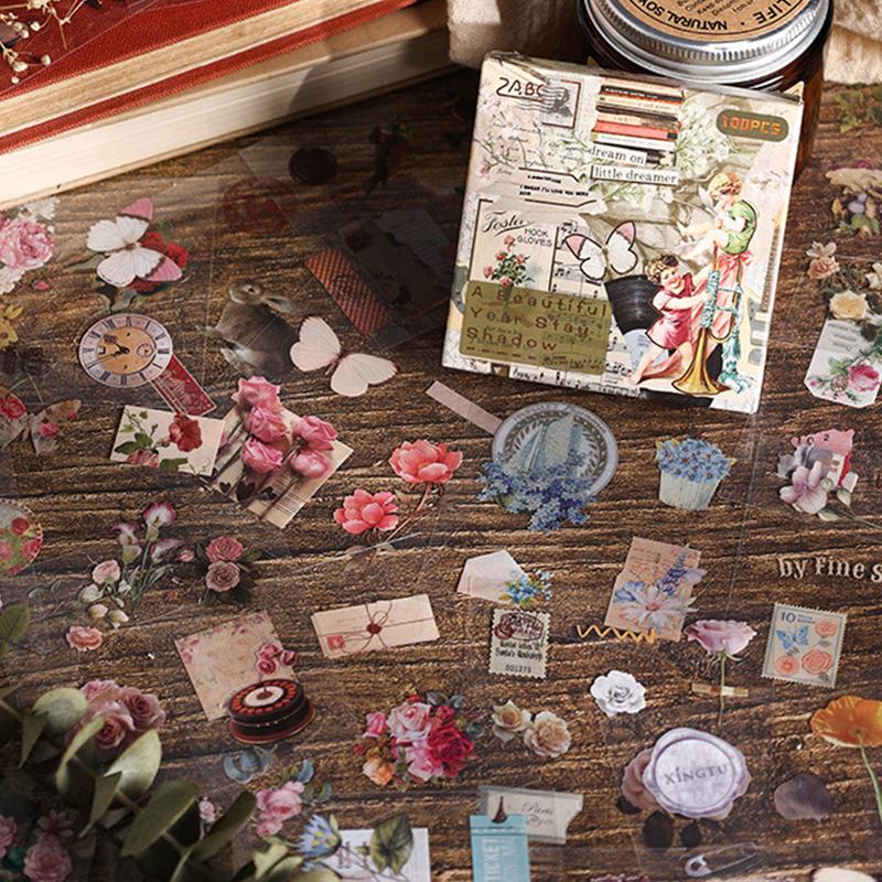 100 Sheets Waterproof PET Stickers Vintage Butterfly Flower Girl DIY Account Material Sticker