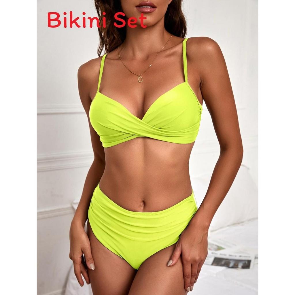 Women Solid Color Bikini Swimsuit With Triangle Top And Steel Support For Summer Beachwear