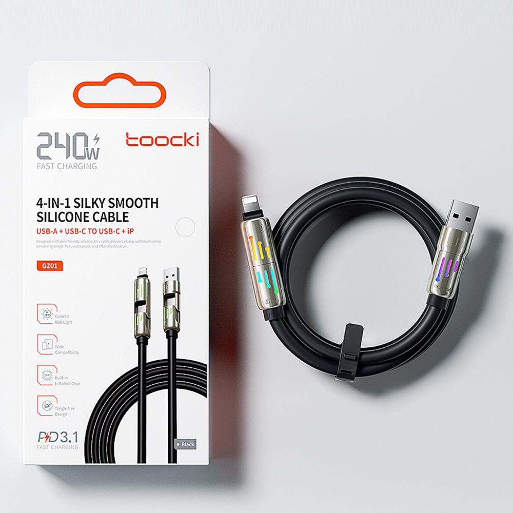 TOOCKI TQ-X103 2m USB-A/USB-C to USB-C/iP 240W Fast Charging Data Cable with Colorful Breathing Light
