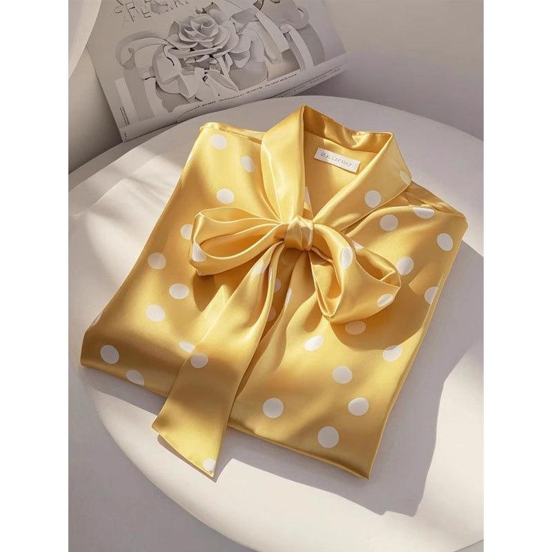 Elegant High Quality Satin Polka Dot Print Shirt Women Office Lady Business Casual Chic Blouse Lace-up Bow Long Sleeve Loose Top