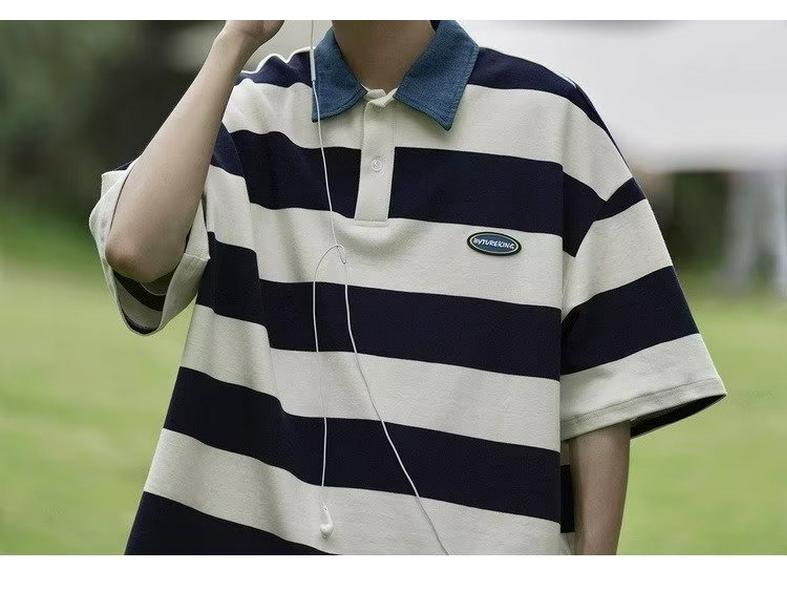 Koszulka polo w amerykańskim stylu retro w paski unisex – letni luźny krój, styl uniwersytecki, krótki rękaw dla modnych par