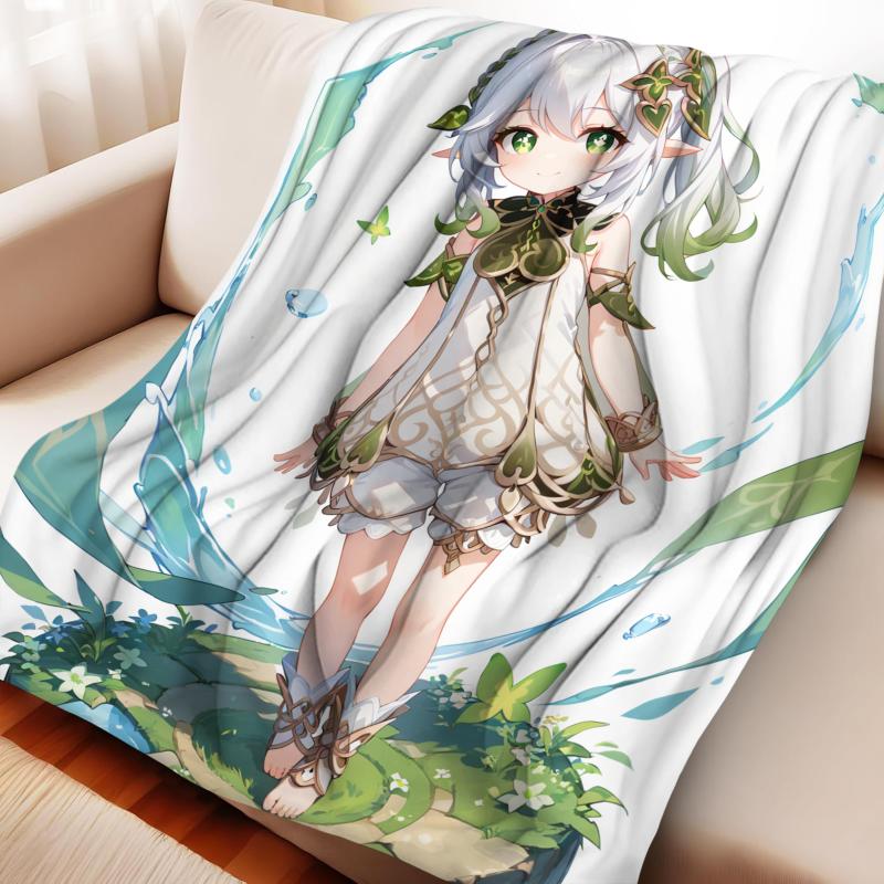 

Anime Style Flannel Fleece Blanket for Nap, Custom Printed Soft Plush Throw, Cute Green Hair Character Design 75x90cm