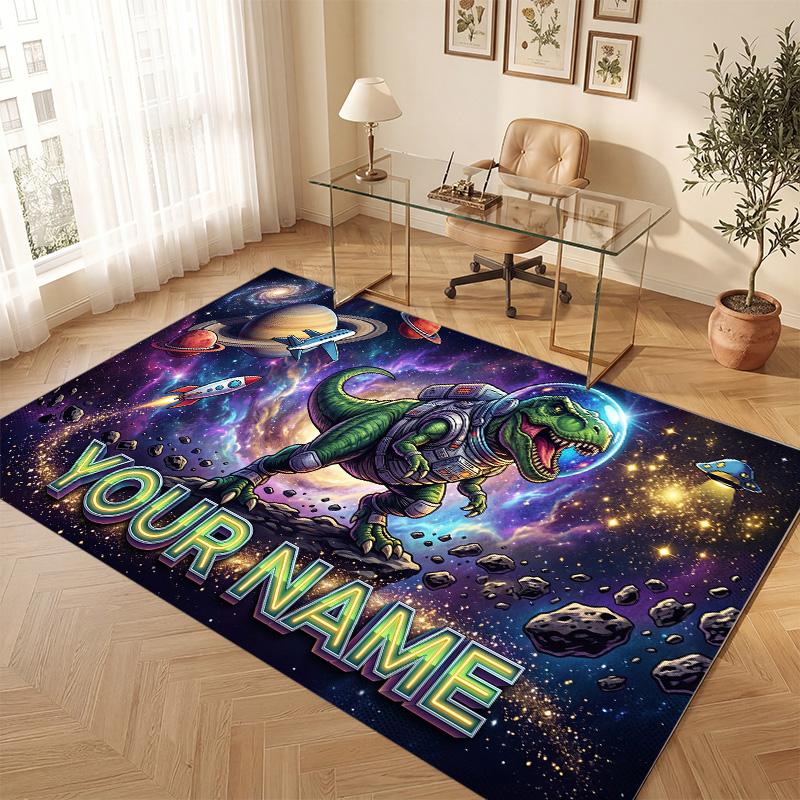 Dinosaur Theme Soft Crystal Velvet Rug Custom Name & Text Print Non Slip Floor Rug for Bedroom Living Room