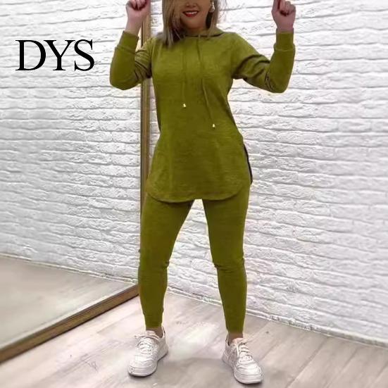 Autumn Casual Clothes 2 Pcs/Set Women Top Pants Set Hooded Long Sleeves Solid Color Slit Daily Sport Outfit Hem Sweatshirt Elastic Waist Slim