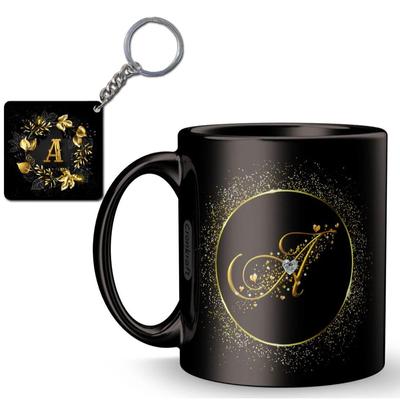 Goldener Keramikrahmen mit einem Alphabet-Buchstaben bedruckter Becher + Schlüsselanhänger, Geschenk für die Liebe, Geburtstag, Ehefrau, Ehemann, A-Alphabet),300 Milliliter