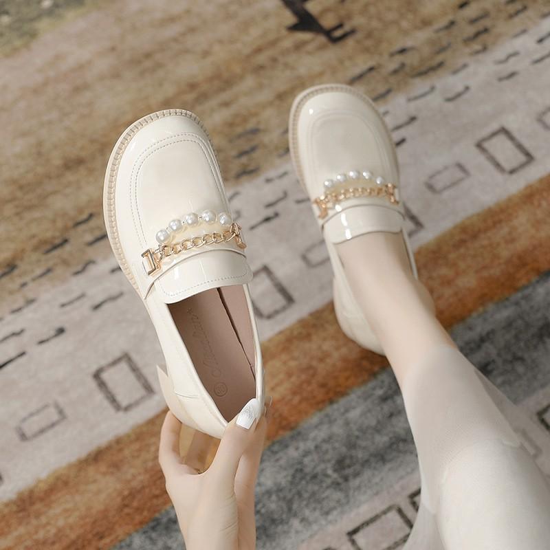 Thick Heel Real Small Leather Shoes Pearl Mary Jane Women'S Shoes Round Head Soft Girl With Skirt One Pedal Lazy Shoes