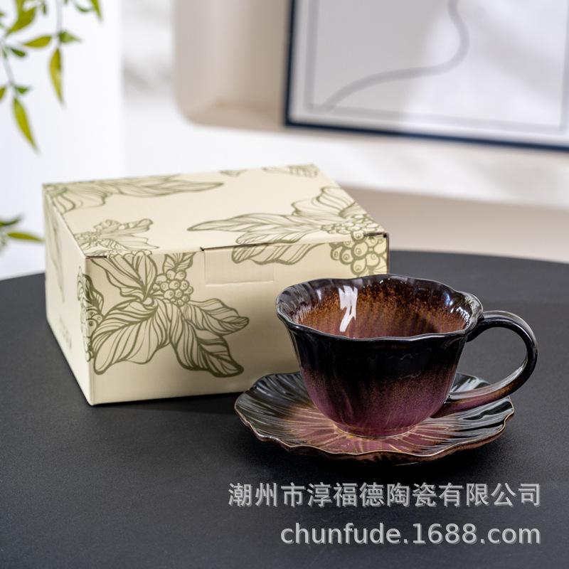Hand-Painted Kiln Lower Color Flower Ceramic Coffee Cup And Saucer Design Sense Niche Women High Value Latte Cup