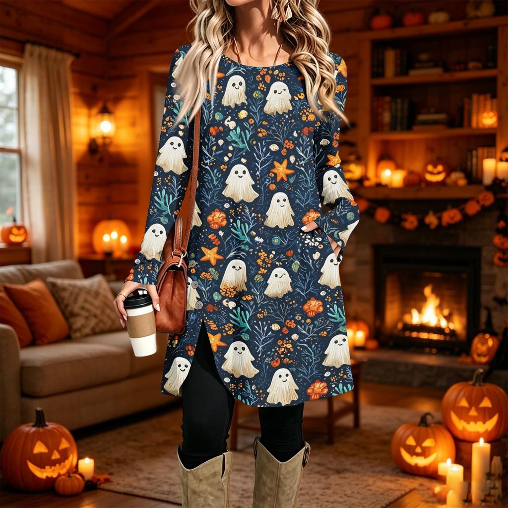 Damen Freizeitkleid mit Print, Langarm, Rundhalsausschnitt für den Alltag