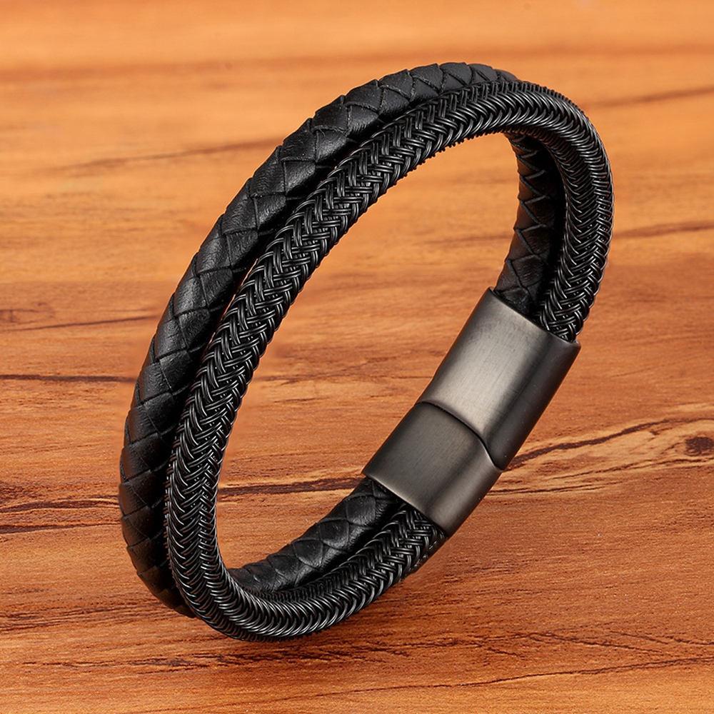 Classic Style Leather with Stainless Steel Stitching Combination Men's Bracelet Black/Steel Buckle Party Accessories Gift