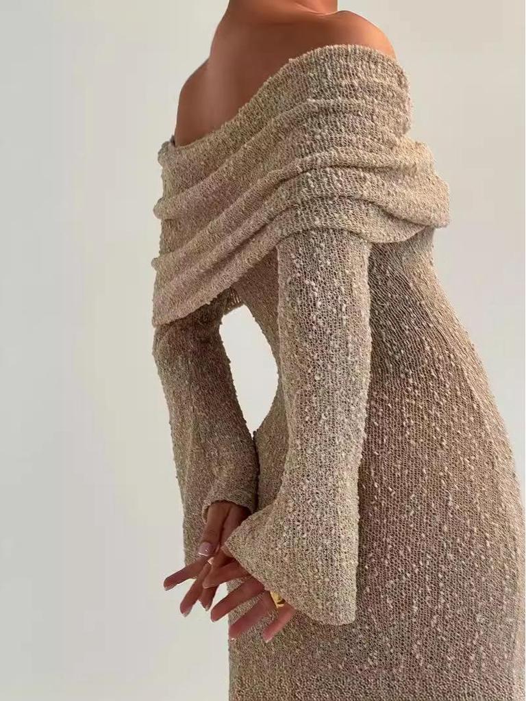 European & American Beach Cross-border One-shoulder Knitted Hollow-out Sexy Long Dress Cover-up