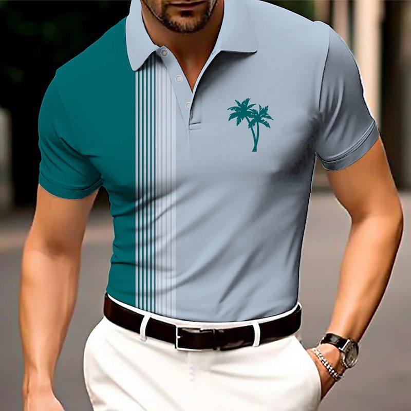 Men Polo Shirt Coconut Tree Stripes Short Sleeve 3d Print Tops Fashion Polyester Breathable Comfortable Polos Shirts
