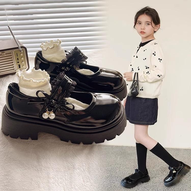PU Leather Girls Black School Shoes Princess Soft Kids Flats Mary Janes for Wedding Party with Pearl Pendant Sweet Bright Skin