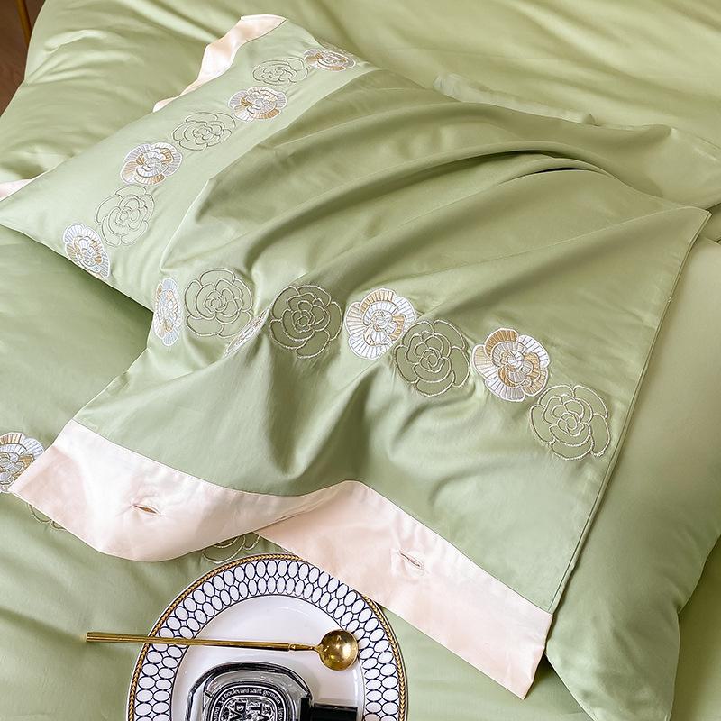 Light Luxury 60-Count Long-Staple Cotton Bedding Set: Solid Color Embroidered 4-Piece (Bed Sheet & Quilt Cover) Pure Cotton.