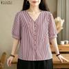 ZANZEA Women Casual V-Neck Loose Half Sleeve Stripe Blouse