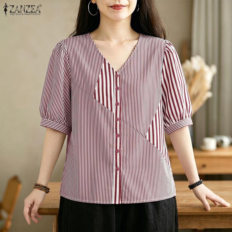 ZANZEA Women Casual V-Neck Loose Half Sleeve Stripe Blouse