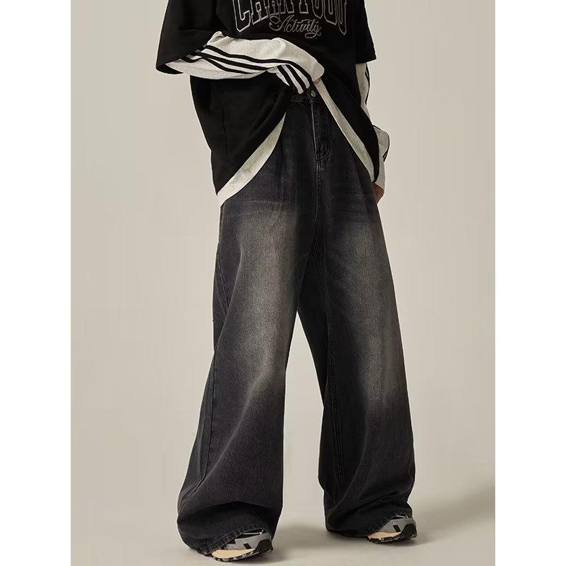 

2024 Джинсы мужские широкие с высокой посадкой, вываренный черный цвет - Повседневные брюки свободного прямого кроя для весны и осени, в стиле американского тренда. XL чёрный