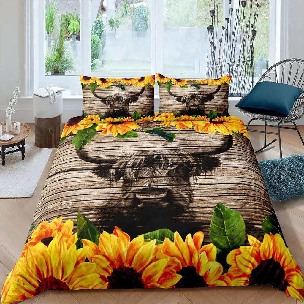 Cartoon Highland Cow Duvet Cover Set Western Animal Bedding Set 3D Ocean Bull Cattle Comforter Cover Floral Branches Quilt Cover