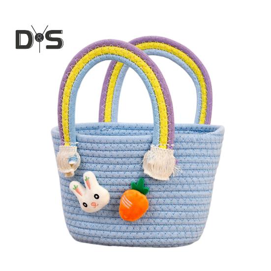 Gewebter Osterkorb mit Griff, gewebter Korb aus Baumwolle für die Eiersuche mit Hase und Karotte, leere Oster-Leckerli-Tasche für Geschenke und Süßigkeiten