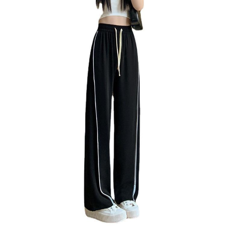 Striped Floor Wide-leg Pants for Women Spring and Summer Korean New Loose High-waist Slimming Straight-leg Casual Sports Pants
