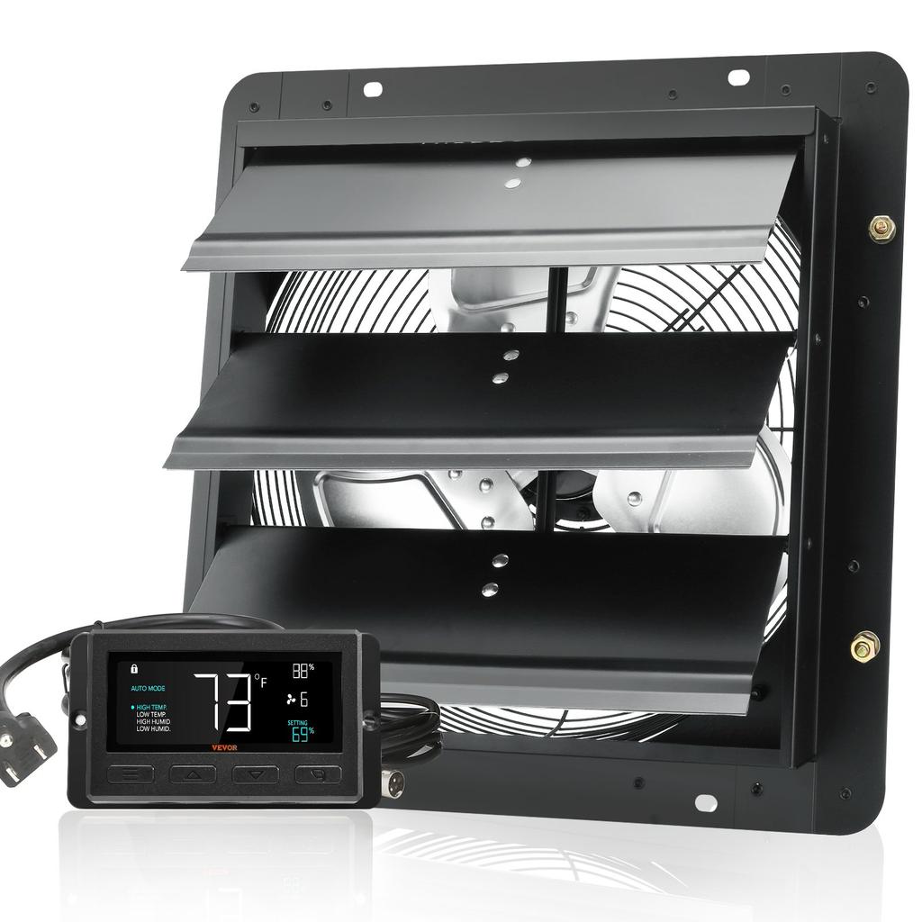 VEVOR Shutter Exhaust Fan, 356 mm with Temperature Humidity Controller, EC-motor, 1024 CFM, Variable Speed Adjustable Wall Mount Attic Fan