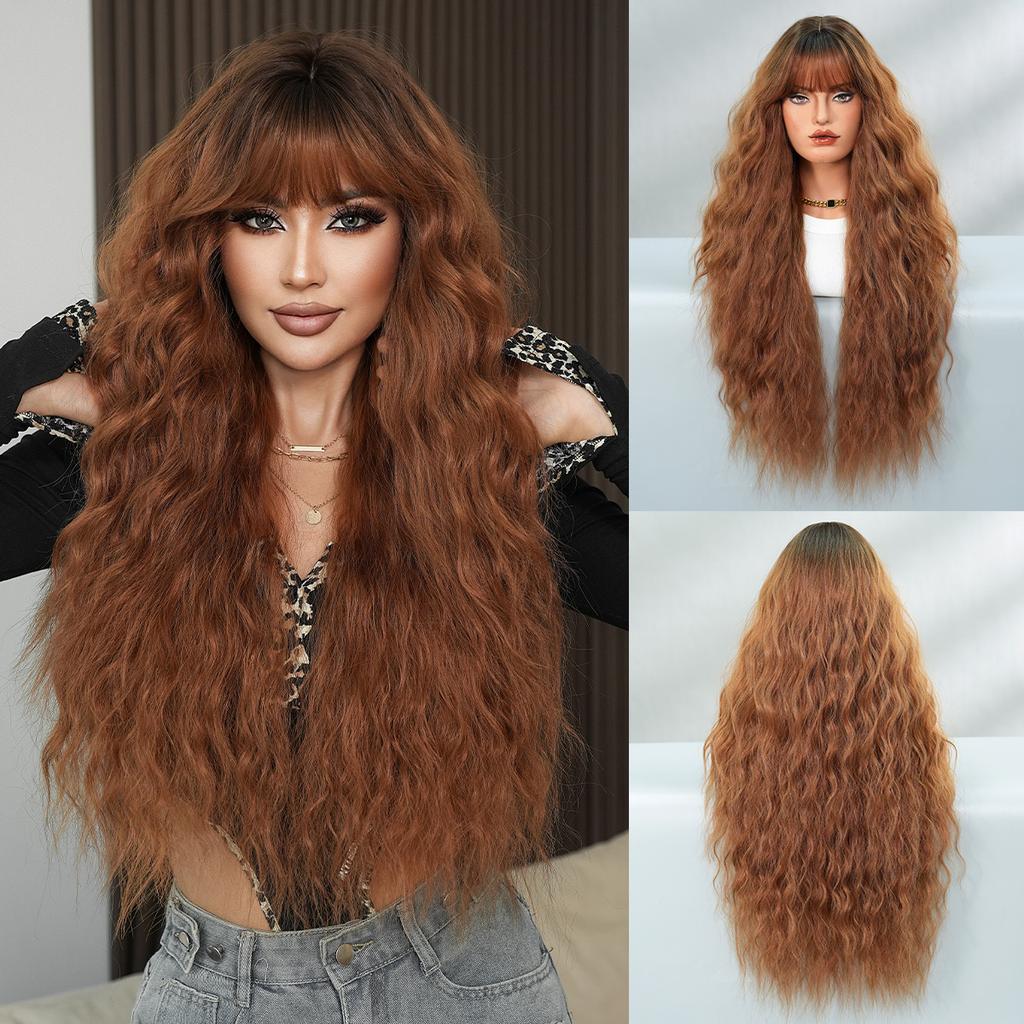Foreign Trade Caramel Red Brown Wig Women's Long Hair European American Feng Shui Wavy Curly Fashionable Spicy Girl Full Head Set