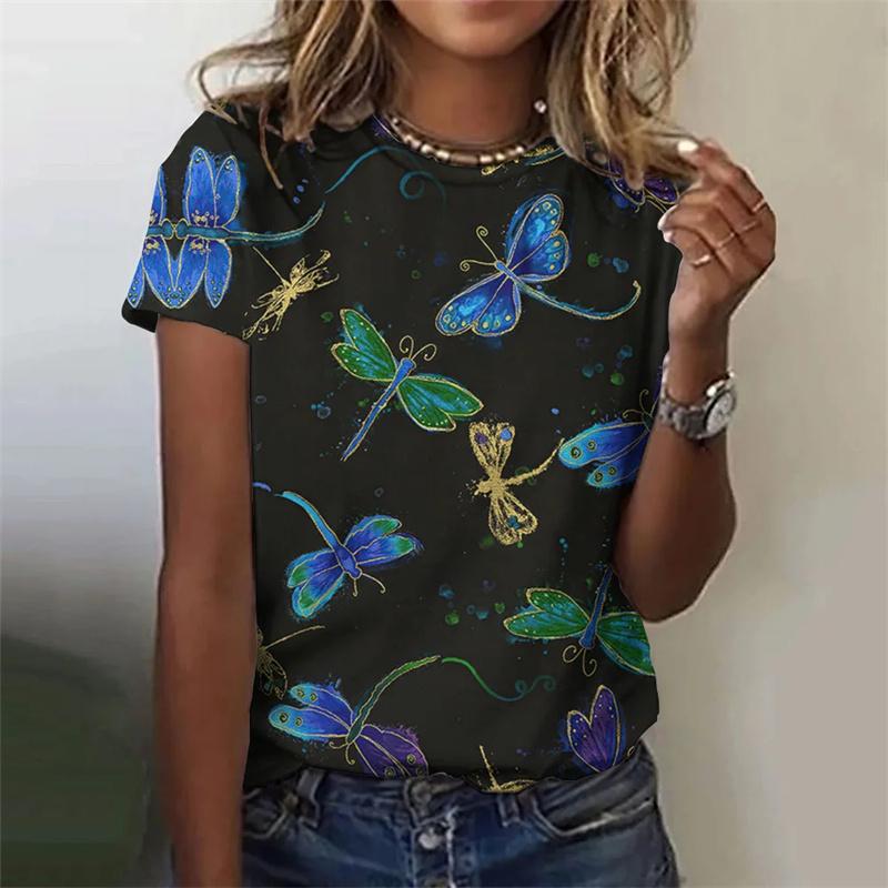 3D New Flower Dragonfly Printed Women's T-shirt Women's Summer Street Beautiful T-shirt Short Sleeve