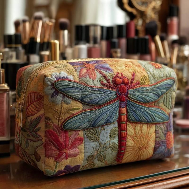 Dragonfly Print Quilted Makeup Bag Multi-functional U-shaped Storage Pouch
