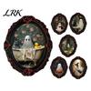 Retro Black Embossed Photo Frame Gothic Halloween Refrigerator Magnet, Distressed Oval Frige Magnets, Dark Waterproof Oil Painting Art Style Skeleton