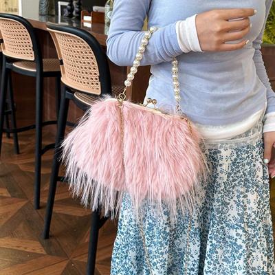 Bolso Bandolera Peludo con Asa de Perlas Cadena de Moda Bolsos de Hombro de Felpa para Mujer Bolso de Fiesta Nocturna de Piel Sintética Suave