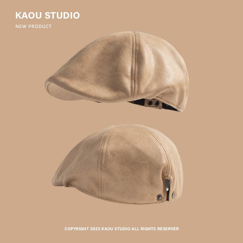 

PU Leather retro Japanese-style forward cap for women, versatile and stylish for autumn and winter, gradient niche British painter s cap for men Adjustable【Head Circumf хаки