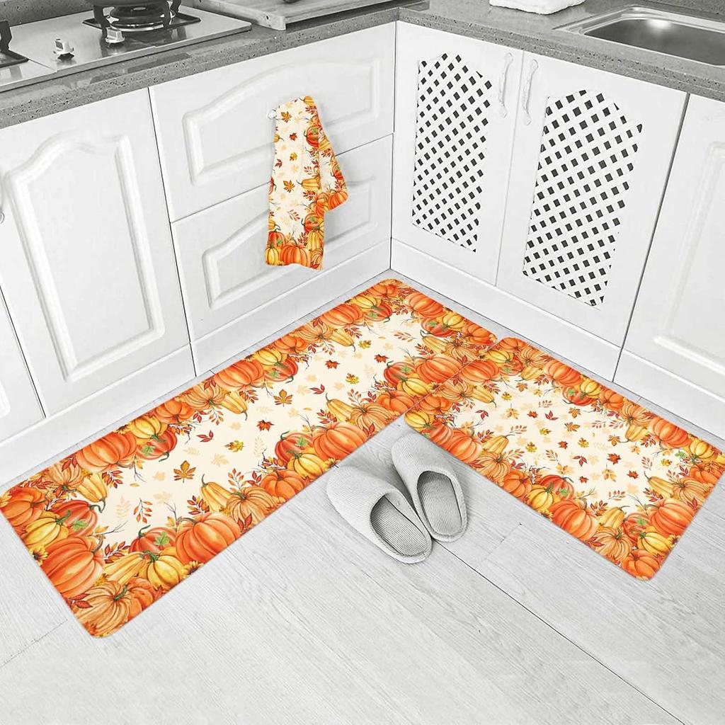 Fall Harvest Pumpkins Maple Leaves Kitchen Mat Home Decor Non-Slip Corridor Balcony Rugs Bedroom Bedside Floor Mat Bath Foot Mat