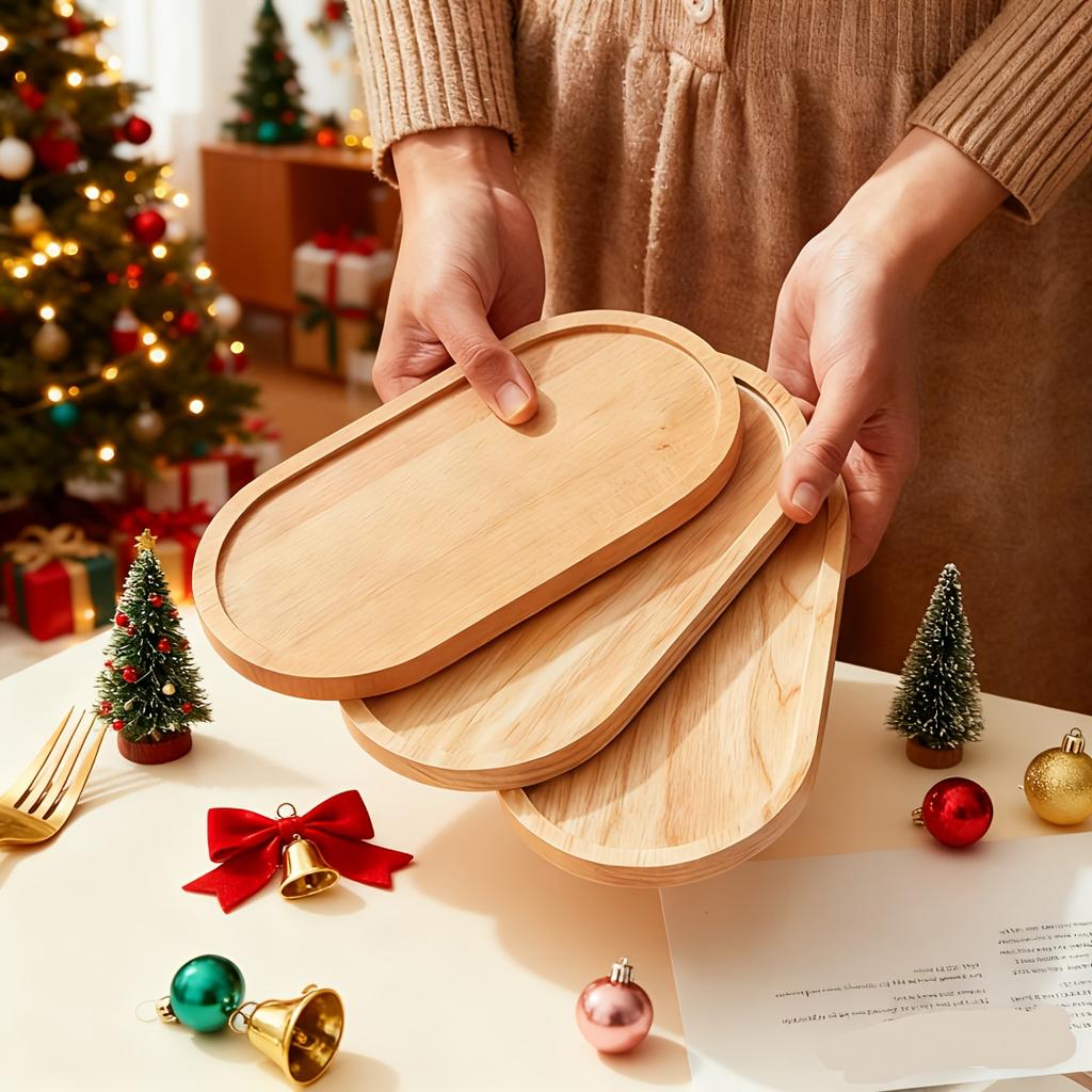 3 Pezzi Vassoio Ovale in Bambù - Piatti Multifunzione in Legno Massello per Tè, Trucco e Piante in Vaso Piccole, Scatola Decorativa Portaoggetti con Coperchio