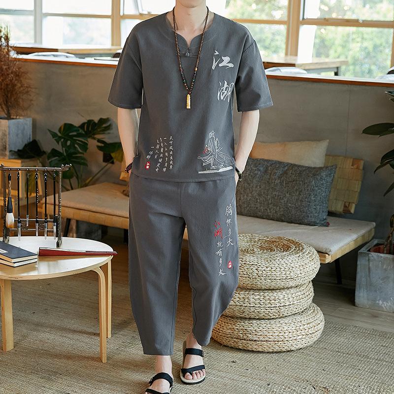 Льняной костюм в китайском стиле мужская футболка в стиле ретро с короткими рукавами хлопковый и льняной костюм в стиле Тан летний костюм больших размеров 6XL темно серый 3454₽