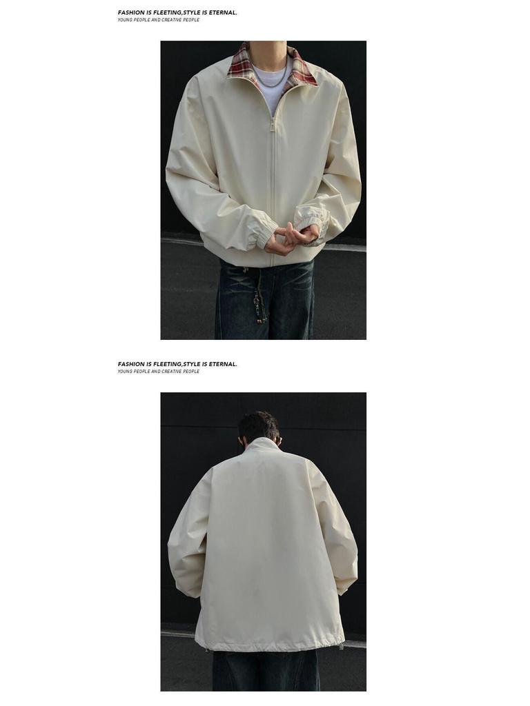 Men's Fall/Winter Plaid Patchwork Stand Collar Jacket - Trendy American High Street Style, Cool & Loose Lapel Coat