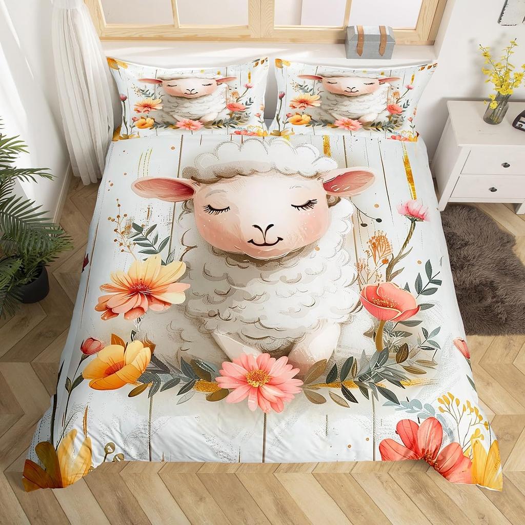 Cute Sheep Bedding Set Cartoon Animal Comforter Cover for Kids Flower Floral Print Duvet Cover Farm Zoo Garden Theme Quilt Cover