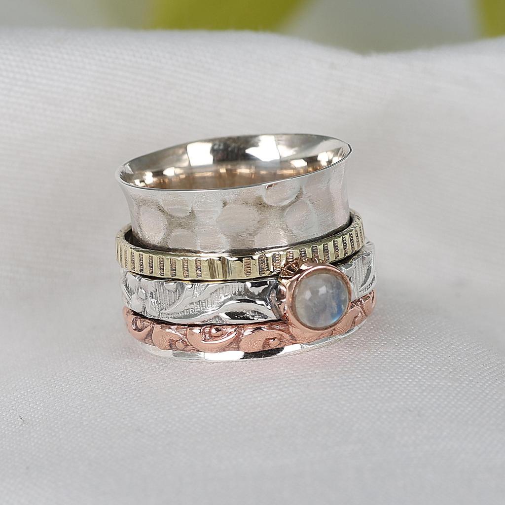 Anello Rotante Pietra di Luna, Anello a Fascia Tre Toni, Gioielli Pietra di Nascita, Anello per Ansia