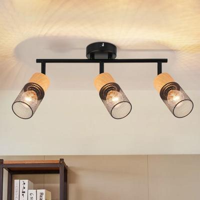 Ceiling Light - NETTLIFE - E14 Spots 3 Bulbs - 350° Adjustable - Wood and Metal - Black