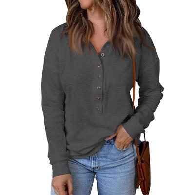 Women's Lapel Button Up Long Sleeved Top Pullover Solid Color Knitted Sweater Loose Long Sleeved