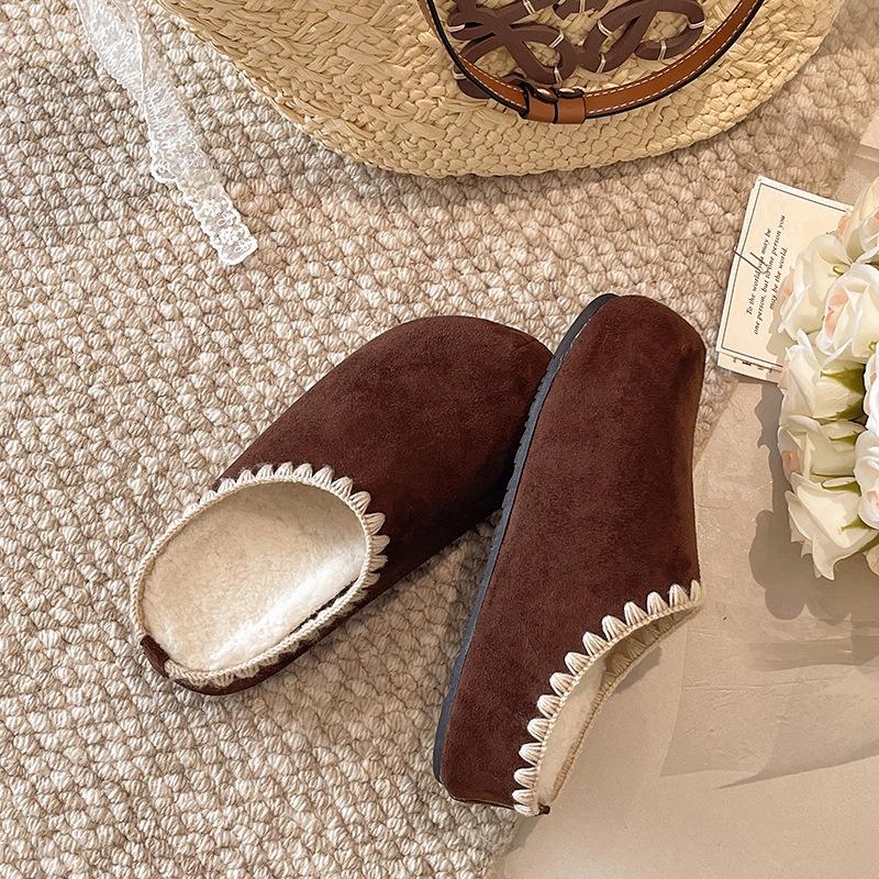 Retro Inner Height-increasing Embroidered Slippers Women's New Velvet Warm One-pedal Cotton Slippers