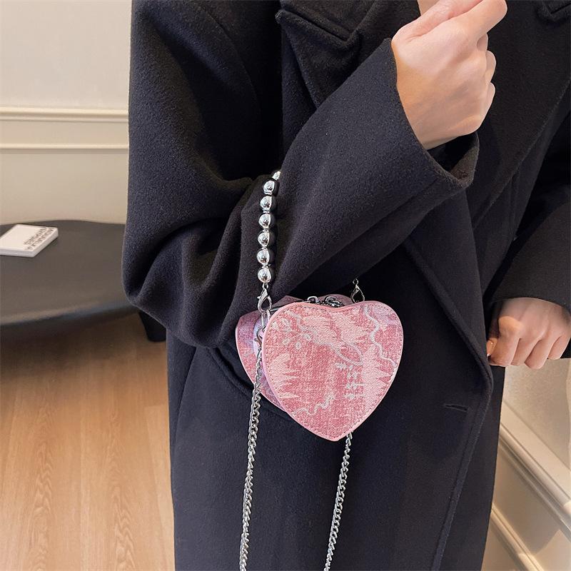 2025 New Personality Trend Pearl Beaded Love Peach Heart Handbag Shoulder Bag Messenger Bag Women's Bag