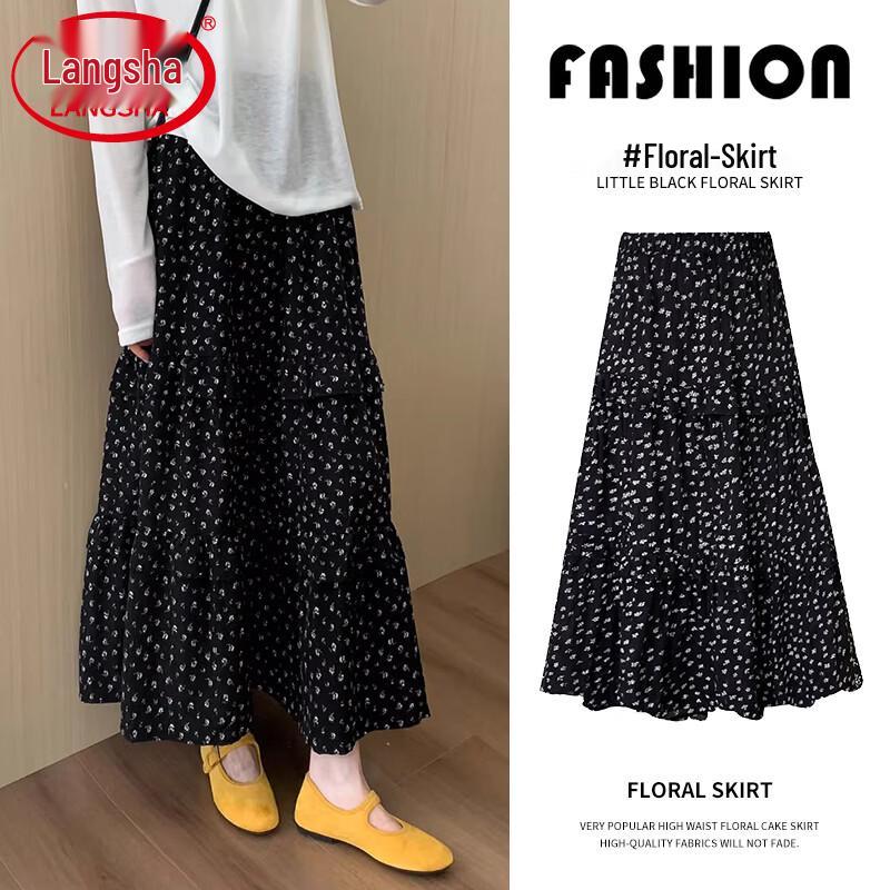Langsha Women s High-Waist A-Line Floral Midi Skirt S