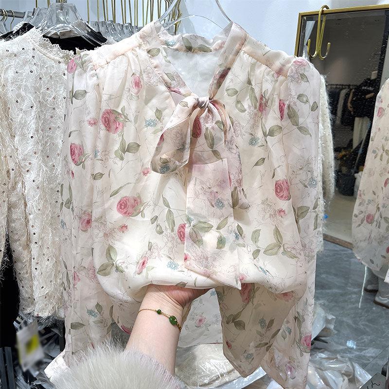 Leichte Fliege im französischen Stil, trendige Chiffonbluse, Damen Herbst Puffärmel Oberteil