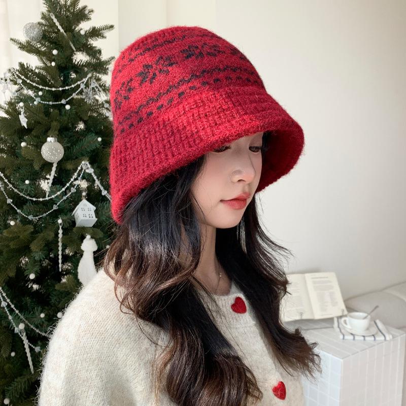 Fleece Thermal Hat Autumn and Winter Hat Women's Retro Bucket Hat Jacquard Knitted Wool Hat