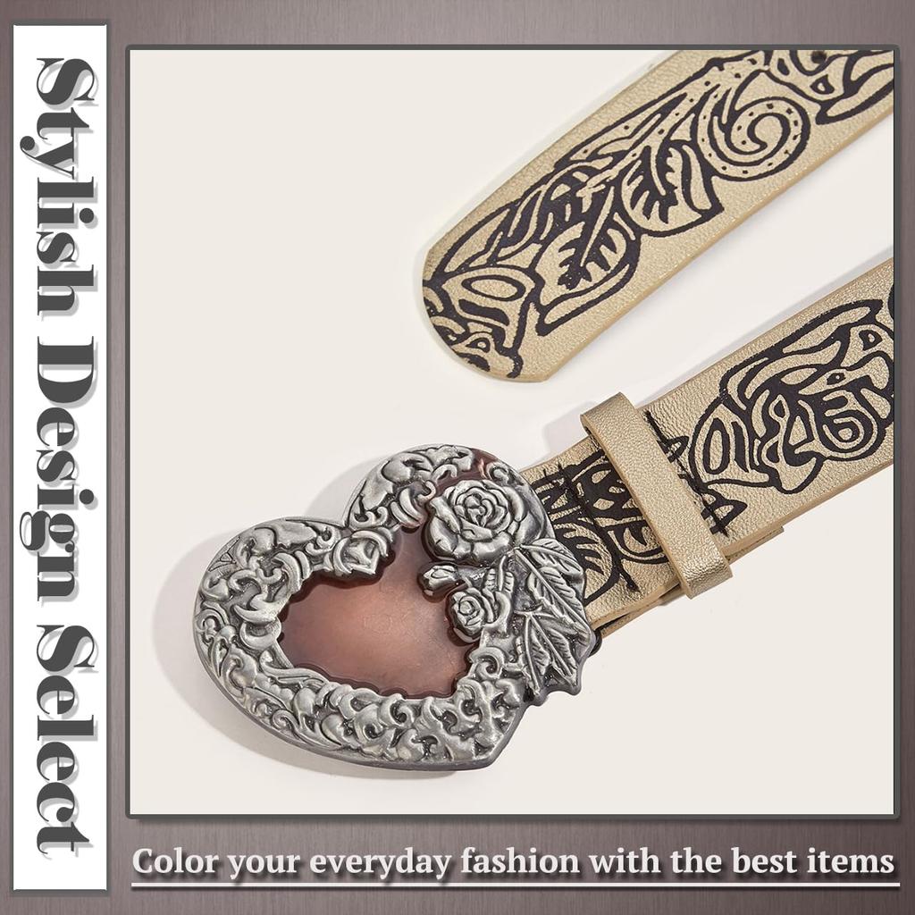 [One Limitation] Belt Buckle Heart Retro Rose Casual Fashion Men's Women's BP921 (Beige)