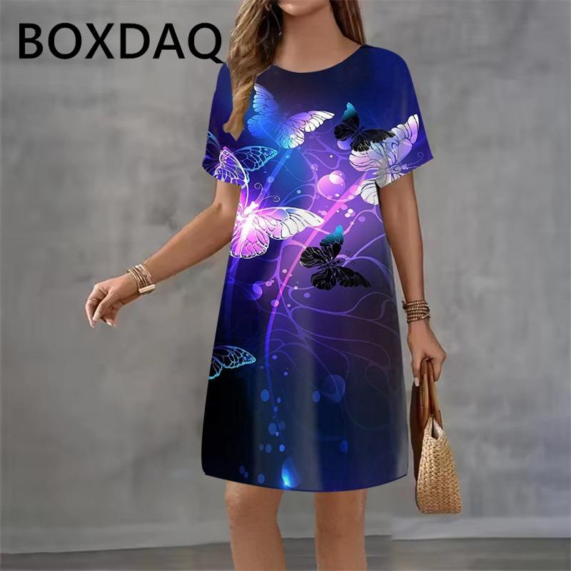 Colorful Butterfly Floral Print Mini Dress Round Neck Short Sleeve Casual Mini Dress Women Summer Dresses