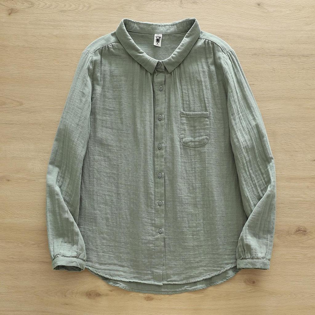 Pure Cotton Women's Lapel Pleated Blouse - Solid Color, Long Sleeve, Double Layer Yarn, Spring/Autumn.