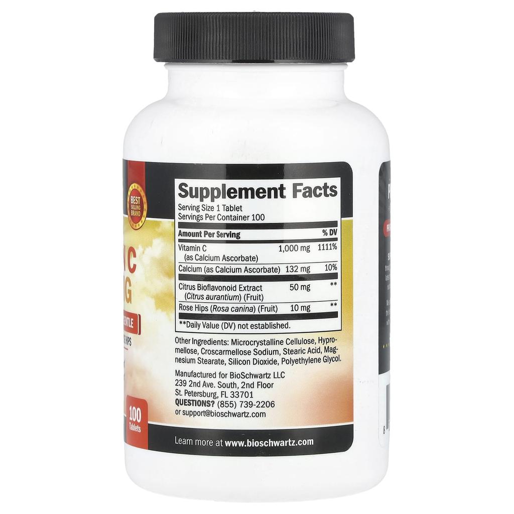 Once-daily vitamin C, neutral, non-irritating to the stomach, with bioflavonoids and rose hips, 100 tablets